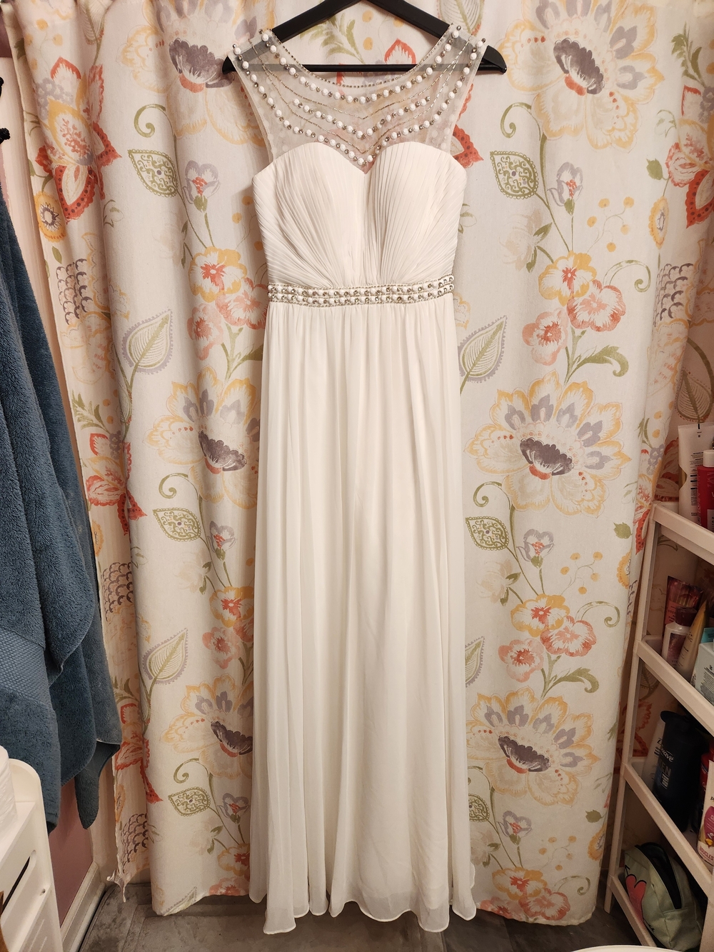 Ivory Beaded Illusion Maxi Dress with Crystal Waist